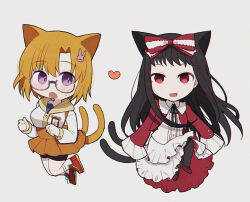 Rule 34 | 2girls, animal ears, bakara (19083210), black hair, black ribbon, black shorts, blonde hair, blush, bow, cat ears, cat girl, center frills, choppy bangs, collared jacket, commentary request, curtained hair, deformed, fang, frilled sleeves, frills, glasses, grey background, hair bow, hair ornament, heart, higanbana (higanbana no saku yoru ni), higanbana no saku yoru ni, hood, hood down, hooded jacket, jacket, kemonomimi mode, long hair, long sleeves, mary janes, moriya marie, multiple girls, multiple tails, name tag, neck ribbon, open mouth, orange skirt, pleated skirt, purple eyes, rabbit hair ornament, red bow, red eyes, red jacket, red shoes, ribbon, semi-rimless eyewear, shirt, shoes, short bangs, shorts, shorts under skirt, simple background, skirt, sleeves past fingers, sleeves past wrists, smile, socks, sweat, tail, two tails, white jacket, white shirt, white skirt, white socks