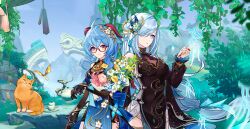 2girls absurdres ahoge alcohol076 bare_shoulders bell black_gloves blue_eyes blue_hair breasts cat chinese_clothes crystalfly_(genshin_impact) dress eyewear_on_head flower ganyu_(genshin_impact) ganyu_(twilight_blossom)_(genshin_impact) genshin_impact glasses gloves grey_hair hair_ornament hair_over_one_eye highres holding horns long_hair low-tied_long_hair multicolored_eyes multiple_girls orange_cat orange_eyes outdoors pink_eyes purple_eyes qingxin_flower red-framed_eyewear red_eyes shenhe_(frostflower_dew)_(genshin_impact) shenhe_(genshin_impact) sitting white_hair yellow_eyes