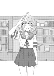 1girl ahoge bandaid bandaid_on_face bookshelf commentary_request feet_out_of_frame greyscale highres kantai_collection looking_at_viewer monochrome neckerchief oboro_(kancolle) pleated_skirt sailor_collar sailor_shirt salute school_uniform serafuku shirt short_hair skirt smile solo standing tatahai