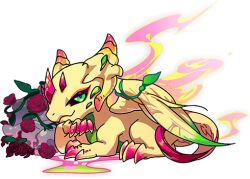 Rule 34 | black sclera, colored sclera, dragon, dragon village (series), dragon village collection, feathered wings, flower, game cg, green eyes, hand on own chin, head rest, hela (apocalypse) (dragon village), hela (dragon village), looking at viewer, lowres, no humans, official art, plant, red flower, red rose, rose, third-party source, transparent background, vines, wings