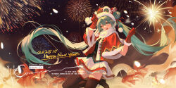 1girl 2025 ;d aerial_fireworks artist_name black_thighhighs blue_eyes blue_hair blush commentary_request double-parted_bangs fireworks fish fur_trim gloves hair_between_eyes happy_new_year hat hatsune_miku highres holding holding_fireworks long_hair looking_at_viewer momo_233 new_year night night_sky one_eye_closed open_mouth original red_gloves scarf skirt sky smile solo teeth thighhighs twintails two-tone_skirt upper_teeth_only very_long_hair watermark