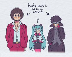 1girl 2boys ? amamiya_ren andrich_galam beard black_jacket blush company_connection crossover english_text facial_hair formal_clothes hatsune_miku highres jacket joker_(persona_5) kasuga_ichiban mask multiple_boys multiple_crossover open_collar persona persona_5 red_suit ryuu_ga_gotoku_(series) ryuu_ga_gotoku_7 sega smile sonic_(series) sonic_racing:_crossworlds suit sweatdrop thick_eyebrows vocaloid