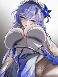Rule 34 | 1girl, absurdres, blue flower, breasts, bunchosan dayo, cantarella (wuthering waves), commentary, covered navel, dress, facial mark, fingernails, flower, from below, gradient background, hair between eyes, hair flower, hair ornament, hand on own chest, headdress, highres, jewelry, large breasts, licking lips, long hair, looking at viewer, looking down, mark under eye, mole, mole under eye, nail polish, panties, purple hair, purple nails, ring, smile, solo, thighs, tongue, tongue out, underwear, white dress, white panties, wuthering waves