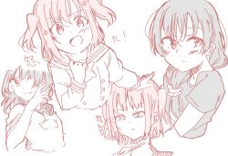 2girls :d black_hair black_shirt bow bowtie buttons closed_mouth commentary_request cropped_torso double-breasted glaring half-closed_eyes kurosawa_ruby limited_palette liz_(piyoko_piyop) long_hair long_sleeves love_live! love_live!_sunshine!! low-tied_long_hair multiple_girls multiple_views open_mouth pale_color raised_eyebrow red_hair sailor_collar school_uniform shirt short_sleeves simple_background smile t-shirt tsushima_yoshiko two_side_up uranohoshi_school_uniform white_background white_shirt winter_uniform