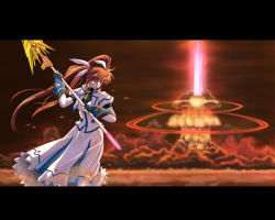 Rule 34 | 00s, 1girl, explosion, female focus, fingerless gloves, gloves, jacket, letterboxed, lyrical nanoha, magazine (weapon), magical girl, mahou shoujo lyrical nanoha, mahou shoujo lyrical nanoha strikers, mushroom cloud, nuclear explosion, nuclear weapon, open clothes, open jacket, raising heart, raising heart (exceed mode), solo, takamachi nanoha, takamachi nanoha (exceed mode), twintails, white devil