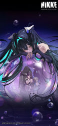 4girls absurdres antennae aqua_hair bandaid bandaid_on_face bandaid_on_nose black_bodysuit black_cloak black_hair black_nails blue_shirt blue_shorts bodysuit breasts bubble cleavage cloak closed_mouth colored_inner_hair commentary english_commentary goddess_of_victory:_nikke grey_hair hair_intakes hair_ornament highres hood hooded_cloak large_breasts little_mermaid_(nikke) long_hair looking_at_another looking_at_viewer medium_hair mihara_(bonding_chain)_(nikke) mihara_(nikke) mori_(nikke) multicolored_hair multiple_girls official_art open_mouth purple_eyes shirt shorts smile thigh_strap white_shirt yellow_eyes yuni_(chimera)_(nikke)