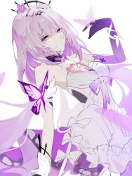 1girl asymmetrical_gloves bug butterfly butterfly_on_hand castorice_(honkai:_star_rail) elbow_gloves gloves highres honkai:_star_rail honkai_(series) insect pointy_ears purple_butterfly purple_gloves purple_hair purple_pupils single_elbow_glove solo tiara u_yu_24