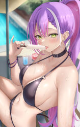 1girl absurdres bikini black_bikini black_collar black_nails blurry blurry_background blush braid braided_bangs breasts cleavage collar colored_inner_hair day demon_girl demon_tail double-parted_bangs food food_on_body food_on_breasts gradient_hair green_eyes hair_between_eyes halterneck highres holding holding_food holding_popsicle hololive large_breasts licking long_hair looking_at_viewer multicolored_hair nail_polish navel navel_piercing official_alternate_hairstyle outdoors piercing pink_hair pointy_ears ponytail pool popsicle purple_hair shinigami_kiraki sitting solo streaked_hair swimsuit tail tokoyami_towa tongue tongue_out virtual_youtuber