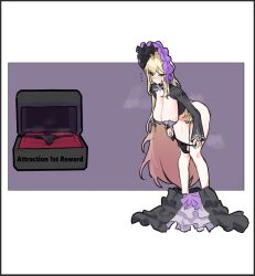 1girl antenna_hair black_panties blonde_hair bonnet box breasts catnip_scent closed_mouth commentary_request dulcinea_(project_moon) english_text flying_sweatdrops frilled_bonnet frills korean_commentary large_breasts limbus_company long_hair looking_at_viewer navel panties project_moon purple_background purple_bonnet red_eyes sidelocks simple_background solo standing steaming_body sweat underwear undressing very_long_hair very_sweaty white_background