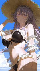 1girl absurdres alternate_costume bare_shoulders bikini black_bikini blue_sky breasts bush closed_mouth commentary_request cowboy_shot day grey_hair hair_between_eyes hair_intakes hair_ribbon hand_on_own_hat hat herta_(honkai:_star_rail) highres honkai:_star_rail honkai_(series) large_breasts long_hair looking_at_viewer maria_(maria_rose) navel outdoors partial_commentary purple_eyes purple_ribbon ribbon signature sky smile solo stomach straw_hat swimsuit the_herta_(honkai:_star_rail) wet