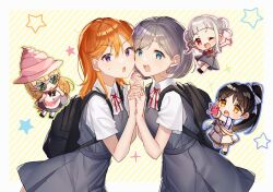 5girls arashi_chisato armband backpack bag ban_(one_ban7241) black_bag black_hair blonde_hair blue_eyes blue_outline blush border cheek-to-cheek chibi commentary_request double_bun dress green_outline grey_dress grey_hair hair_bun hazuki_ren heads_together heanna_sumire highres holding_hands interlocked_fingers jacket long_hair looking_at_viewer love_live! love_live!_superstar!! medium_hair multiple_girls neck_ribbon one_eye_closed open_mouth orange_eyes orange_hair outline outside_border pinafore_dress pink_outline ponytail purple_eyes red_eyes red_ribbon ribbon round_eyewear school_uniform semi-rimless_eyewear shibuya_kanon shirt short_hair short_sleeves skirt sleeveless sleeveless_dress standing star_(symbol) summer_uniform sweat tang_keke upper_body v-shaped_eyebrows white_armband white_border white_hair white_jacket white_skirt yuigaoka_school_uniform