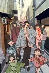 4boys 6+girls agatsuma_zenitsu arms_up bag black_hair black_skirt blonde_hair blue_jacket boar_mask brother_and_sister brown_hair butterfly_hair_ornament child coat full_body hair_bun hair_ornament hashibira_inosuke highres holding holding_bag jacket kamado_nezuko kamado_tanjirou kanzaki_aoi_(kimetsu_no_yaiba) kimetsu_no_yaiba kochou_shinobu multiple_boys multiple_girls nakahara_sumi open_mouth outdoors ponytail purple_hair scarf siblings side_ponytail sidelocks skirt smile takada_naho takeuchi_ryousuke terauchi_kiyo tomioka_giyuu tsuyuri_kanao twintails