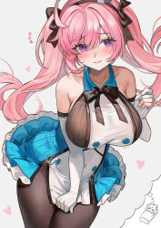 1girl absurdres aged_up alternate_breast_size ariko_(aaaaarik) azur_lane black_ribbon blue_dress blush breasts brown_pantyhose closed_mouth collarbone commentary dreaming dress dress_tug elbow_gloves english_commentary flying_sweatdrops gloves hair_ribbon heart highres huge_breasts looking_at_viewer pantyhose partially_fingerless_gloves pink_eyes pink_hair pulling_own_clothes ribbon saratoga_(azur_lane) solo speech_bubble thighs thought_bubble twintails white_gloves