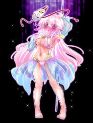 1girl armpits barefoot bikini black_background blush breasts cleavage commentary_request criss-cross_halter dancer expressionless fox_mask full_body gennso8 halterneck hata_no_kokoro heart highres long_hair looking_at_viewer mask mask_on_head medium_breasts midriff navel open_mouth pink_bikini pink_eyes pink_hair pole solo standing stripper_pole swimsuit touhou very_long_hair
