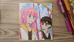 Rule 34 | 1boy, 1girl, antenna hair, aubrey (faraway) (omori), aubrey (omori), black eyes, black hair, black sweater vest, blue eyes, blue hairband, blue sky, bright pupils, closed mouth, cloud, cloudy sky, collarbone, collared shirt, day, hairband, highres, jacket, long hair, looking at another, okudo61 omori, omori, on swing, outdoors, parted lips, photo (medium), pink hair, scene reference, shirt, short hair, short sleeves, sitting, sky, sunny (omori), sweater vest, swing, swing set, traditional media, white jacket, white pupils, white shirt