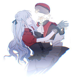 1girl ascot bang_dream! bang_dream!_it&#039;s_mygo!!!!! beret black_ascot black_capelet black_corset black_ribbon black_skirt blue_brooch blue_hair capelet chromatic_aberration closed_eyes commentary corset crying crying_with_eyes_open dancing earrings flower gloves green_brooch green_hair grey_gloves hair_ribbon hat highres jewelry long_hair mortis_(bang_dream!) mortis_(costume)_(bang_dream!) oblivionis_(bang_dream!) open_mouth puffy_short_sleeves puffy_sleeves red_hat red_shirt reiboubyou ribbon shirt short_sleeves simple_background skirt solo tears togawa_sakiko wakaba_mutsumi watermark weibo_watermark white_ascot white_background yellow_eyes