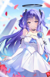1girl absurdres alternate_costume bare_shoulders blue_archive blue_flower blush dress elbow_gloves fingerless_gloves flower gloves grin hand_on_own_chest highres long_hair looking_at_viewer purple_eyes purple_hair red_petals sakanafish sidelocks sleeveless sleeveless_dress smile solo strapless strapless_dress two_side_up wedding_dress white_gloves yuuka_(blue_archive)