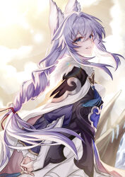 1girl animal_ears arms_behind_back baiheng_(honkai:_star_rail) blue_eyes braid braided_ponytail breasts cape erune hair_between_eyes highres honkai:_star_rail honkai_(series) jiabaina long_hair looking_at_viewer multicolored_eyes parted_lips purple_hair single_braid smile solo very_long_hair yellow_eyes