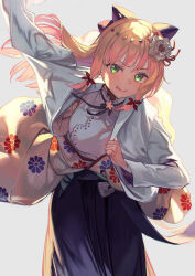 Rule 34 | 1girl, :q, blonde hair, blue ribbon, blue skirt, bow, commentary, cowboy shot, dressing, english commentary, floral print, flower, gradient hair, green eyes, grey background, hair bow, hair flower, hair ornament, hair ribbon, hakama, hakama skirt, highres, hololive, japanese clothes, kanzashi, kimono, leaning forward, licking lips, long hair, looking at viewer, momosuzu nene, momosuzu nene (new year), multicolored hair, off shoulder, official alternate costume, official alternate hairstyle, otsudou, pink hair, print kimono, red bow, ribbon, shirt, sidelocks, simple background, skirt, solo, tongue, tongue out, virtual youtuber, white flower, white kimono, white shirt