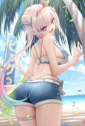 Rule 34 | 1girl, absurdres, airani iofifteen, ass, beach, blue bow, blue hair, blue shorts, bow, breasts, cloud, confetti, gradient hair, green ribbon, grey hair, hair bow, hair ribbon, highres, hololive, hololive indonesia, large breasts, multicolored hair, ocean, open mouth, paint splatter, paint splatter on face, palette hair ornament, palm tree, pink hair, pink ribbon, polka dot, polka dot ribbon, purple eyes, ribbon, short shorts, shorts, smile, solo, somebody (leiking00), striped ribbon, tree, virtual youtuber