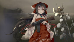 Rule 34 | 1girl, ak-47, assault rifle, black choker, black hair, bow, brown eyes, chinese commentary, choker, commentary request, cookie (touhou), covered navel, cowboy shot, detached sleeves, fairyfloss, grey sky, gun, hair bow, hakurei reimu, highres, holding, holding gun, holding weapon, kalashnikov rifle, long hair, looking at viewer, open mouth, outdoors, radio tower, red bow, red skirt, red tank top, ribbon-trimmed sleeves, ribbon trim, rifle, skirt, skirt set, sky, solo, tank top, touhou, weapon, white sleeves, yuyusu (cookie)