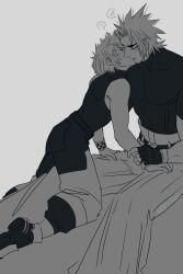 ! !! 2boys absurdres belt black_shirt blush checkered_wristband closed_eyes commentary english_commentary fingerless_gloves gloves heart highres kingdom_hearts kingdom_hearts_birth_by_sleep kiss male_focus multiple_boys nekokat42 shirt short_hair sleeveless sleeveless_turtleneck spiked_hair spoken_heart terra_(kingdom_hearts) tight_clothes tight_shirt turtleneck ventus_(kingdom_hearts) wristband yaoi