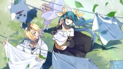 1girl 2boys bare_shoulders black_dress blonde_hair blue_eyes blue_hair child clothes_lift collarbone dizzy_(guilty_gear) dress dress_lift drying drying_clothes eyepatch family father_and_son floating_hair grass guilty_gear guilty_gear_2 guilty_gear_x hair_between_eyes hair_ribbon hair_rings husband_and_wife ky_kiske leaf long_hair long_skirt mother_and_son multiple_boys nishimoto open_mouth outdoors red_eyes ribbon shirt short_hair sidelocks sin_kiske skirt standing sunlight tightrope twintails upside-down white_shirt wind wind_lift yellow_ribbon