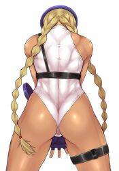 1girl ass beret blonde_hair braid cammy_white dr.p fingerless_gloves from_behind gloves hat highleg highleg_leotard leotard long_hair solo street_fighter thigh_strap thong_leotard twin_braids victory_pose