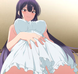 1girl absurdres ahoge anime_screenshot apron black_hair blue_shirt breasts closed_mouth feet_out_of_frame female_focus gradient_hair haite_kudasai_takamine-san highres indoors large_breasts long_hair looking_at_another looking_down looking_up multicolored_hair naked_apron purple_hair red_eyes shirt sideboob smile standing stitched takamine_takane thighs third-party_edit upper_body very_long_hair white_apron