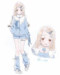 Rule 34 | 1girl, blonde hair, blue leg warmers, blush, collar, gakuen idolmaster, hair ornament, hairclip, hand on own chest, hand on own thigh, hashtag-only commentary, heart, heart hands, highres, i ce0, idolmaster, leg warmers, light smile, long hair, long sleeves, looking at viewer, multiple views, open mouth, orange eyes, polka dot, polka dot background, puffy long sleeves, puffy sleeves, shinosawa hiro, shoes, shorts, signature, sleeves past fingers, sleeves past wrists, smile, standing, thigh strap, thighs, twitter username, white footwear, wing hair ornament, winged footwear