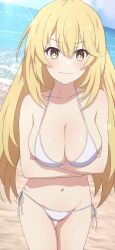 Rule 34 | 1girl, absurdres, arms under breasts, beach, bikini, blonde hair, breasts, closed mouth, collarbone, commentary request, hair between eyes, highres, large breasts, long hair, looking at viewer, na-suke, navel, outdoors, shokuhou misaki, side-tie bikini bottom, smile, solo, sparkling eyes, swimsuit, thigh gap, toaru kagaku no mental out, toaru kagaku no railgun, toaru majutsu no index, white bikini, yellow eyes