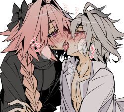 2boys androgynous antenna_hair astolfo_(fate) black_bow black_pants black_sweater blush bow braid dress_shirt fate/apocrypha fate_(series) french_kiss grey_hair hair_between_eyes hair_bow haoro kiss long_braid long_hair male_focus multicolored_hair multiple_boys pants pink_hair purple_eyes red_eyes shirt short_hair sieg_(fate) signature single_braid smile streaked_hair sweater white_background white_shirt
