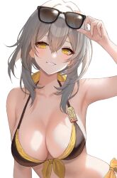 1girl bikini black_bikini blush breasts eyewear_on_head front-tie_bikini_top front-tie_top grey_hair hair_between_eyes hanato_(seonoaiko) highres honkai_(series) honkai_impact_3rd large_breasts looking_at_viewer medium_hair simple_background smile solo stelle_(honkai:_star_rail) sunglasses swimsuit trailblazer_(honkai:_star_rail) white_background yellow_eyes