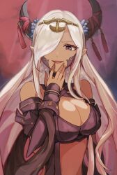 1girl absurdres asymmetrical_horns bare_shoulders breasts cleavage dark_skin dragon_girl fire_emblem fire_emblem_engage hair_ornament hair_over_one_eye highres horns large_breasts long_hair looking_at_viewer mature_female netugen33 nintendo pointy_ears purple_eyes revealing_clothes smile solo tassel very_long_hair zephia_(fire_emblem)
