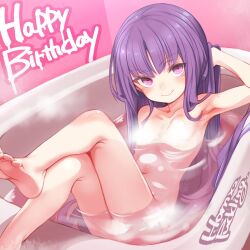 1girl alice_gear_aegis armpits barefoot bath completely_nude feet hair_down highres ichijou_ayaka long_hair nude puddinghomhom purple_eyes purple_hair soles toes