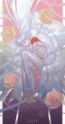 Rule 34 | 1girl, absurdres, boots, closed eyes, dress, elbow gloves, expressionless, fetal position, flower, full body, gloves, highres, original, rose, shadow, silver boots, solo, thigh boots, thighhighs, usukuchi (impasto life), white dress, yellow flower, yellow rose