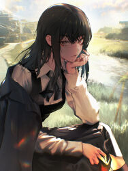 Rule 34 | 1girl, absurdres, black coat, black dress, black hair, brown eyes, chainsaw man, cigarette, coat, dress, evening, fourth east high school uniform, hand on own chin, highres, holding, holding cigarette, ivdimension, long hair, long sleeves, looking at viewer, outdoors, pinafore dress, river, scar, scar on face, scar on nose, school uniform, shirt, sleeveless, sleeveless dress, smoke, solo, water, white shirt, yoru (chainsaw man)