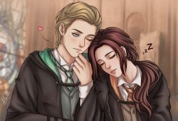 1boy 1girl blonde_hair blue_eyes blush brown_hair cloak closed_eyes head_on_another&#039;s_shoulder heart highres hogwarts_legacy hogwarts_school_uniform kamoen leaning_on_person long_hair mole necktie ominis_gaunt one_eye_closed ponytail school_uniform short_hair sleeping sleeping_on_person smile wizarding_world zzz