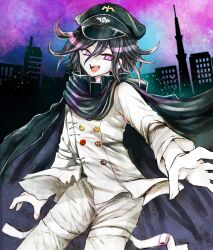 1boy arm_belt black_cape black_hair black_hat buttons cape cityscape commentary danganronpa_(series) danganronpa_v3:_killing_harmony flipped_hair hair_between_eyes hat long_sleeves looking_at_viewer male_focus multicolored_buttons multicolored_sky night oma_kokichi open_mouth pants peaked_cap purple_eyes purple_hair reaching reaching_towards_viewer shimaneko_(matarou99) shirt short_hair sky skyline smile solo standing straitjacket thigh_strap