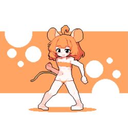 1girl :3 :d ahoge altos animal_ears animated bare_arms bare_legs bare_shoulders barefoot black_eyes blinking blush_stickers bouncing_hair closed_eyes commentary dancing english_commentary facing_viewer flat_chest full_body groin looking_at_viewer looping_animation medium_hair mouse_ears mouse_girl mouse_tail navel open_mouth orange_hair orange_panties orange_tube_top panties pixel_art ratkin_(rimworld) rimworld side-tie_panties simple_background smile solo stomach strapless string_panties tagme tail tube_top underwear video