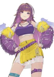1girl atsushima belt blunt_bangs blush breasts choker closed_mouth colored_inner_hair commentary_request contrapposto cowboy_shot detached_sleeves feathered_wings fur_sleeves grey_wings hair_ornament hands_on_own_hips highres long_hair looking_at_viewer medium_breasts midriff multicolored_hair nanashi_inc. navel purple_belt purple_choker purple_eyes purple_hair purple_sleeves purple_sports_bra simple_background skirt smile solo sports_bra thigh_strap uruwashi_ririri virtual_youtuber white_background wings x_hair_ornament yellow_skirt
