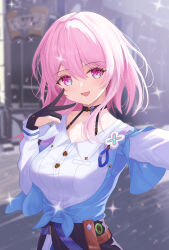 1girl absurdres acorn badge black_choker black_corset black_gloves blue_eyes blue_jacket blurry blurry_background breasts button_badge buttons choker corset flower_ornament gloves highres honkai:_star_rail honkai_(series) jacket long_sleeves march_7th_(honkai:_star_rail) march_7th_(preservation)_(honkai:_star_rail) medium_breasts medium_hair multicolored_eyes nanashi1329 open_mouth pink_eyes pink_hair selfie shirt single_glove smile solo tied_jacket two-tone_eyes upper_body white_shirt