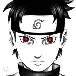 1boy black_hair closed_mouth commentary english_commentary forehead_protector greyscale_with_colored_background high_collar highres konohagakure_symbol looking_at_viewer male_focus monochrome naruto naruto_(series) ninja photoshop_(medium) red_eyes sharingan short_hair signature simple_background solo uchiha_shisui val_rodriguez_3 white_background