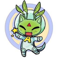 1other :3 ^_^ aisha_(neopets) alien alien_aisha alleesaur animal_ears antennae cat_ears chibi chibi_only chibikemo closed_eyes collar commentary creature creature_focus english_commentary fangs furry green_fur helmet highres neopet_(creature) neopets open_mouth other_focus paw_print simple_background solo space_helmet spacesuit star_(symbol) tail transparent_background
