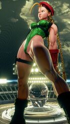 1girl 3d absurdres antenna_hair bare_shoulders blonde_hair blue_eyes boots braid breasts cammy_white covered_navel curvy gloves green_leotard hat highleg highleg_leotard highres kneeling leotard lips long_hair looking_away medium_breasts red_gloves red_hat ryona screencap shiny_clothes solo standing street_fighter street_fighter_v thighs third-party_edit thong_leotard twin_braids very_long_hair wide_hips