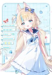 1girl :3 :d absurdres animal_ears arm_behind_back artist_name blonde_hair blue_eyes blue_hair blue_neckerchief blue_sailor_collar bow buttons cat_ears chat_log clam_shell collar crab dress english_text eru_daydream fang fish frilled_collar frilled_skirt frills hair_bow heart highres indie_virtual_youtuber kaniki_(sameko_saba) lifebuoy_hair_ornament long_hair looking_at_viewer low_twintails multicolored_hair neckerchief one_side_up open_mouth outside_border sailor_collar sameko_saba sidelocks skin_fang skirt sleeveless sleeveless_dress smile solo streaked_hair twintails very_long_hair virtual_youtuber white_dress