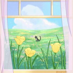 animal_focus animated animated_gif avery_ota blue_sky bug butterfly cat cloud curtains day field flower flower_field grooming insect instagram_username jumping no_humans open_window original outdoors paw_up scenery sitting sky sparkle tuxedo_cat wide_shot wind window yellow_flower