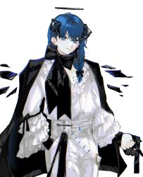 Rule 34 | 1girl, ahoge, alternate costume, alternate hairstyle, aqua eyes, arknights, arknights yuu12, belt, black bow, black bowtie, black cape, black hair, black horns, black wings, blouse, blue hair, bow, bowtie, braid, cape, center frills, closed mouth, commentary, cowboy shot, demon horns, energy wings, frilled shirt collar, frilled sleeves, frills, gloves, hair bow, half gloves, halo, hand in pocket, highres, horns, large bow, light smile, long sleeves, looking at viewer, medium hair, mostima (arknights), pants, shirt, simple background, single braid, single half glove, solo, symbol-only commentary, traditional halo, v-neck, white background, white belt, white pants, white shirt, wings