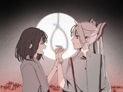 2girls black_hair bow collared_shirt commentary dual_persona flower fujiwara_no_mokou fujiwara_no_mokou_(young) hair_bow hair_ribbon holding_another&#039;s_wrist japanese_clothes jyazo_pic long_hair medium_hair multiple_girls noose ponytail ribbon shirt smile spider_lily suspenders sweat time_paradox touhou white_hair white_shirt