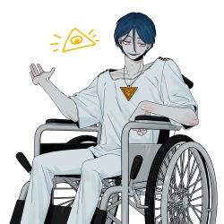 1boy absurdres blue_hair commentary_request eye_of_providence feet_out_of_frame hair_between_eyes hand_up highres looking_at_viewer maelo male_focus meguriya_ayumu open_mouth pants shirt short_hair short_sleeves simple_background sitting smile solo toshi_densetsu_kaitai_center triangle_necklace wheelchair white_background white_eyes white_pants white_shirt